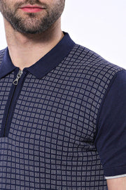 Navy Plaid Zippered Knitted Polo T-Shirt | Wessi