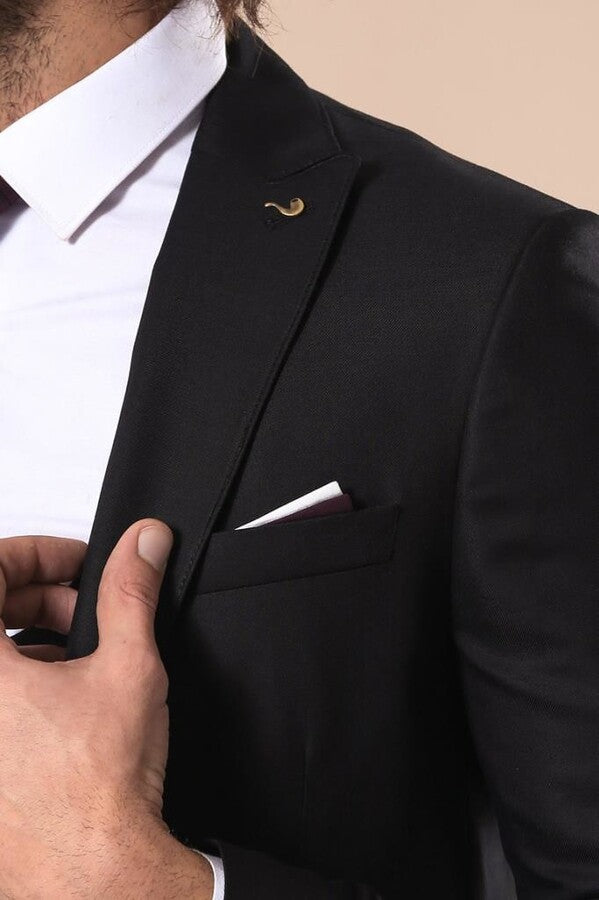 Notch Lapel Slim Fit Single Button Black Suit | Wessi