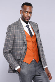 Orange Vested Checked Grey Men Suit - Wessi