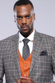 Orange Vested Checked Grey Men Suit - Wessi