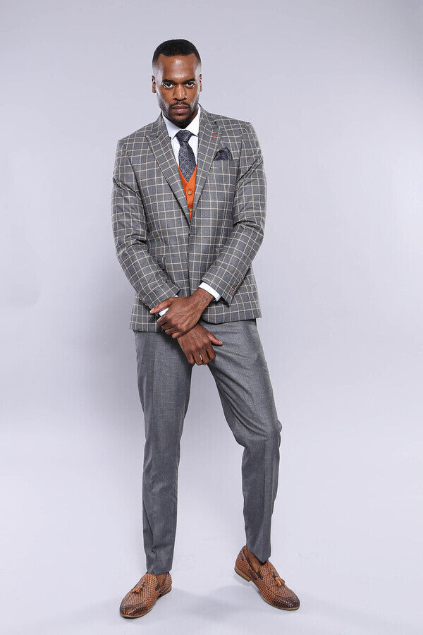 Orange Vested Checked Grey Men Suit - Wessi