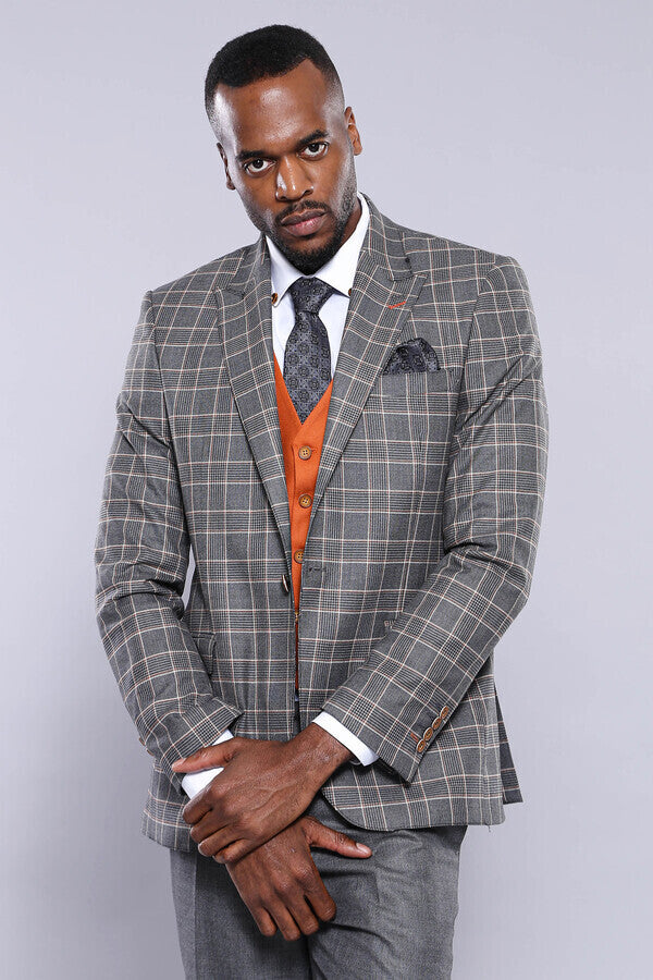 Orange Vested Checked Grey Men Suit - Wessi