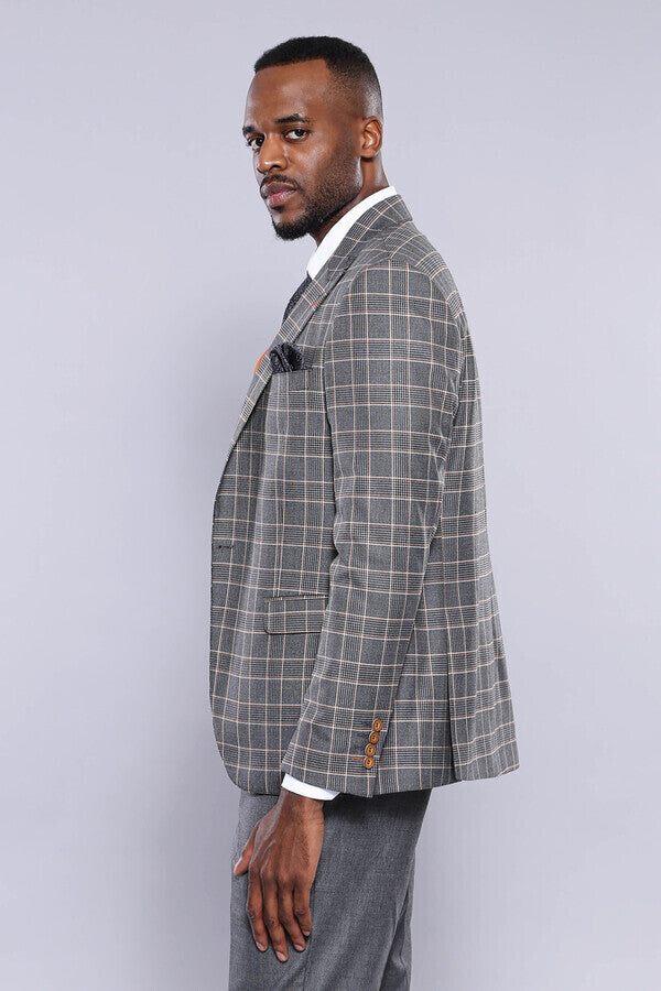 Orange Vested Checked Grey Men Suit - Wessi