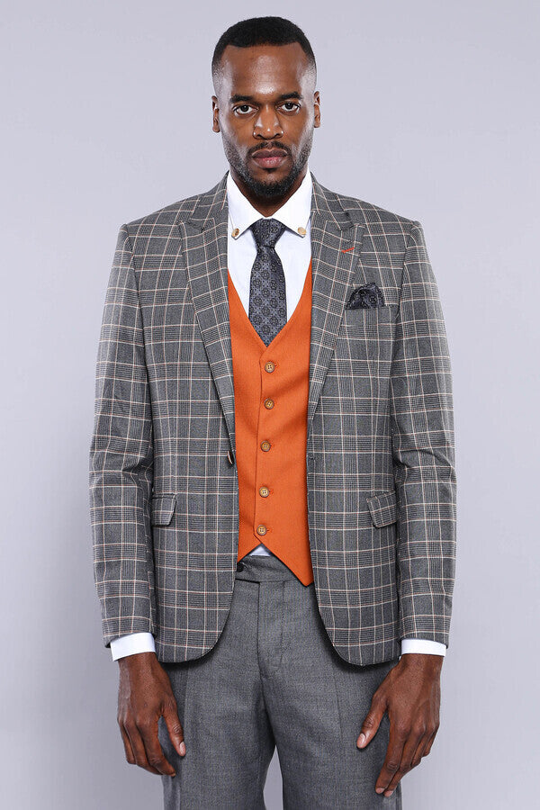 Orange Vested Checked Grey Men Suit - Wessi