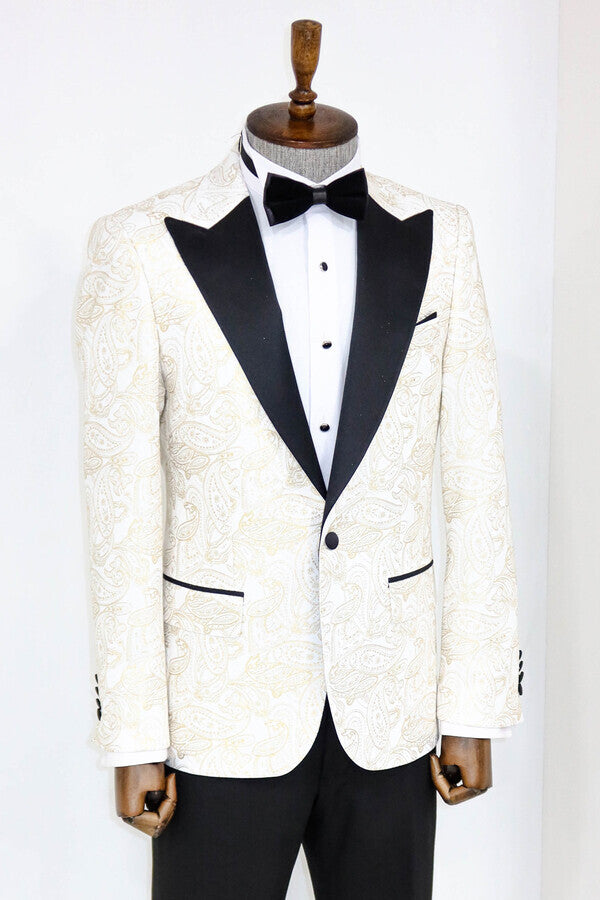 Paisley Peak Lapel White Men Prom Blazer - Wessi