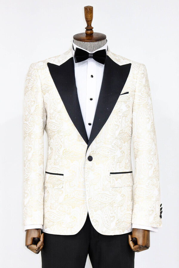 Paisley Peak Lapel White Men Prom Blazer - Wessi