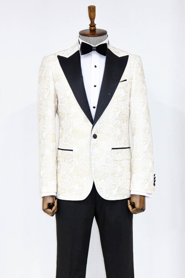 Paisley Peak Lapel White Men Prom Blazer - Wessi