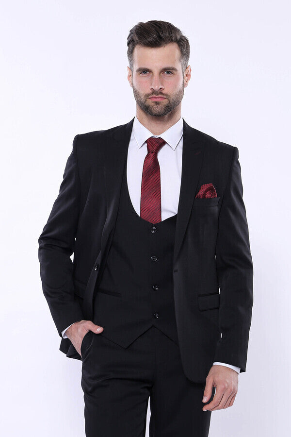 Patterned Black Vested Suit - Wessi