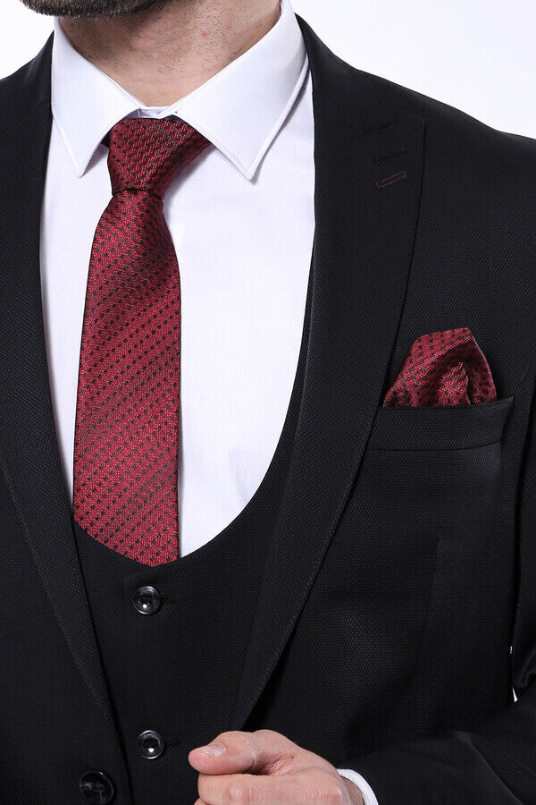 Patterned Black Vested Suit - Wessi