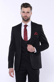 Patterned Black Vested Suit - Wessi