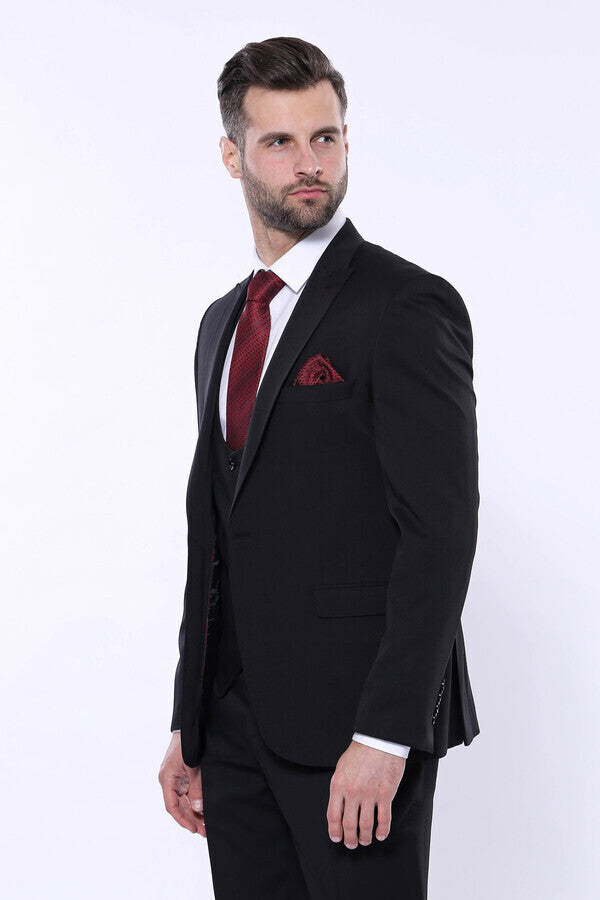 Patterned Black Vested Suit - Wessi