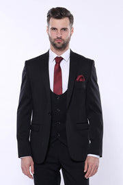 Patterned Black Vested Suit - Wessi