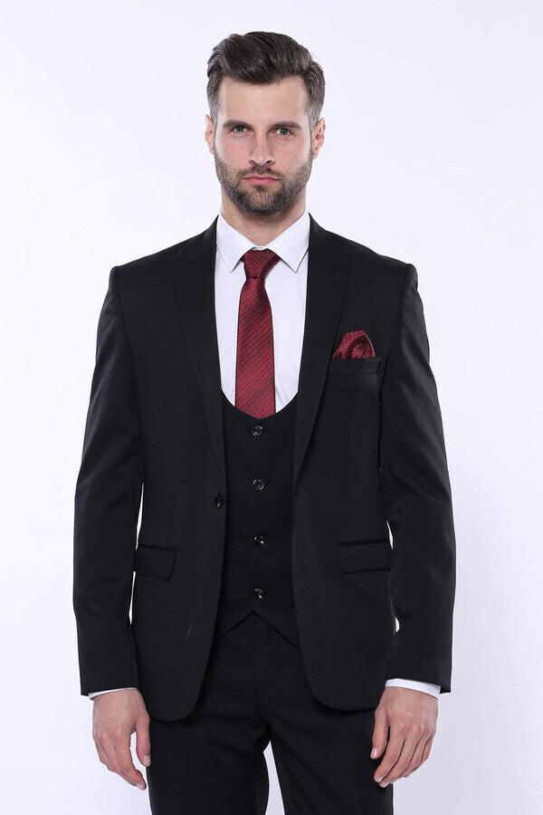 Patterned Black Vested Suit - Wessi