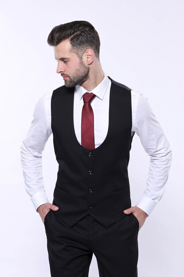 Patterned Black Vested Suit - Wessi