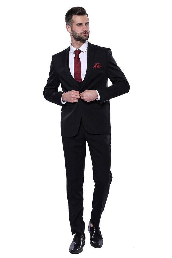 Patterned Black Vested Suit - Wessi