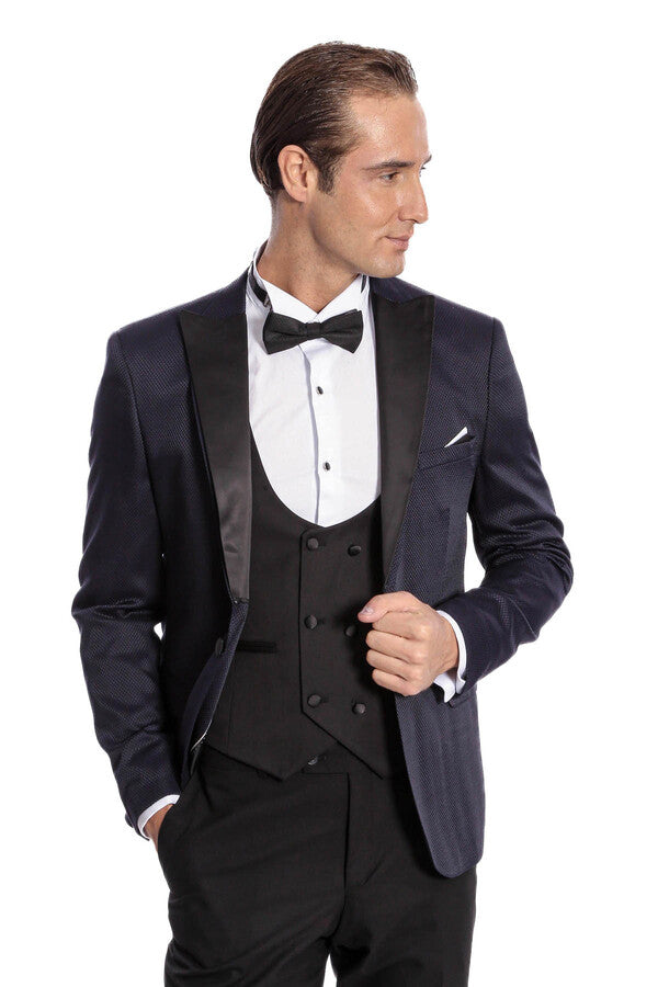 Patterned Combined Navy Blue Men Tuxedo - Wessi