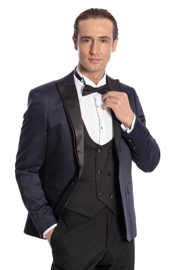 Patterned Combined Navy Blue Men Tuxedo - Wessi