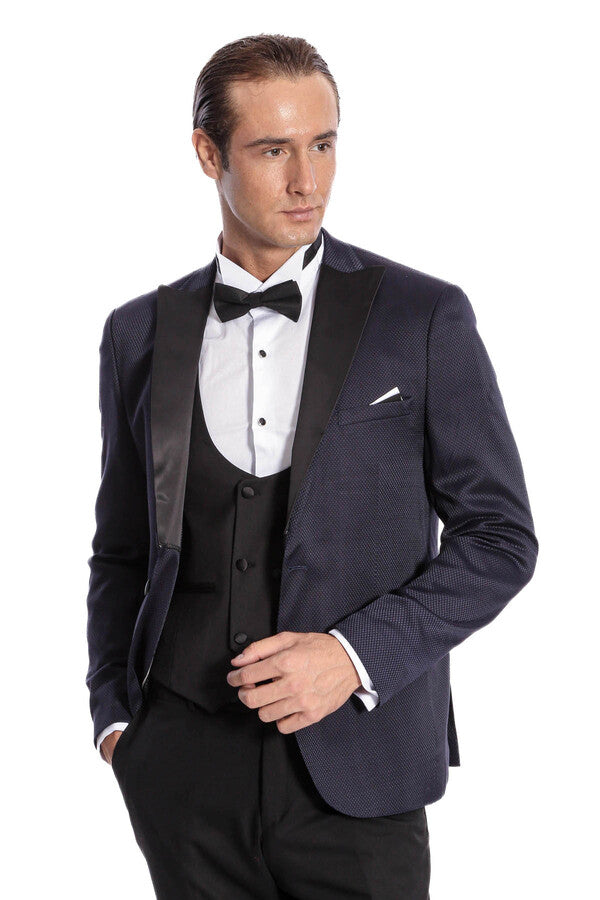 Patterned Combined Navy Blue Men Tuxedo - Wessi