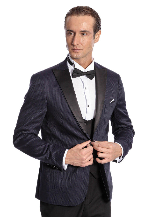 Patterned Combined Navy Blue Men Tuxedo - Wessi