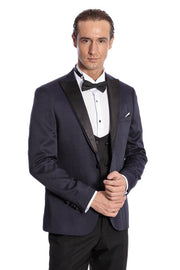 Patterned Combined Navy Blue Men Tuxedo - Wessi