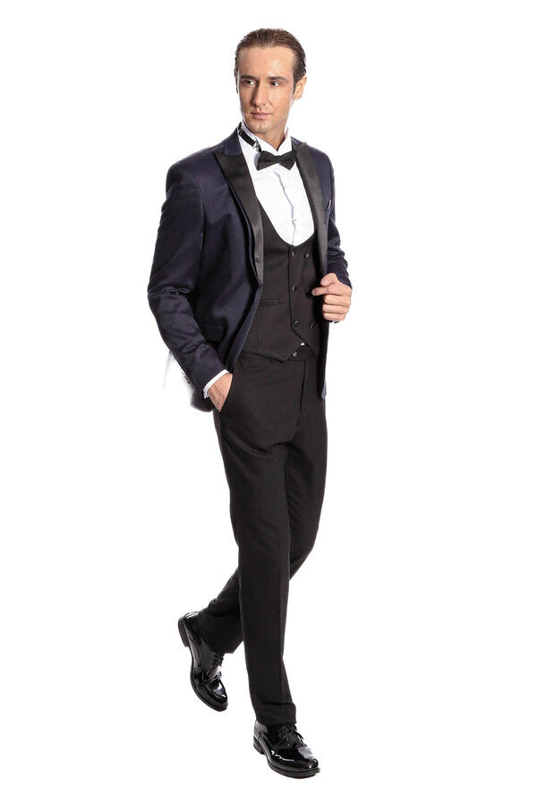 Patterned Combined Navy Blue Men Tuxedo - Wessi