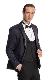 Patterned Combined Navy Blue Men Tuxedo - Wessi