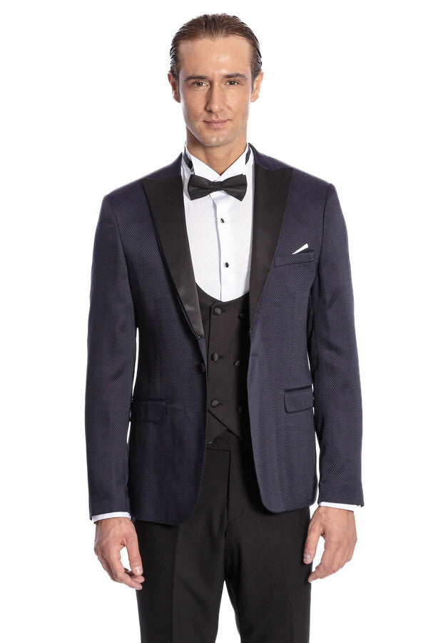 Patterned Combined Navy Blue Men Tuxedo - Wessi