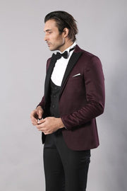 Patterned Blazer Plain Vest and Trousers Claret Red Tuxedo - Wessi