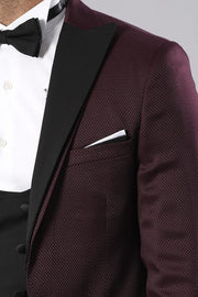 Patterned Blazer Plain Vest and Trousers Claret Red Tuxedo - Wessi