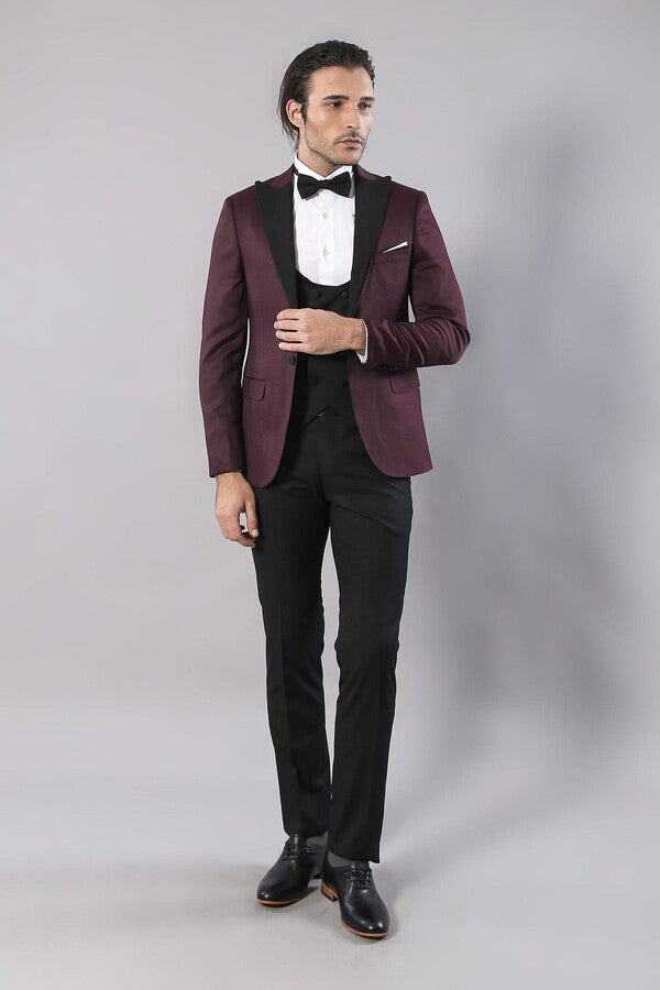 Patterned Blazer Plain Vest and Trousers Claret Red Tuxedo - Wessi