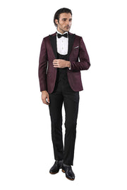 Patterned Blazer Plain Vest and Trousers Claret Red Tuxedo - Wessi