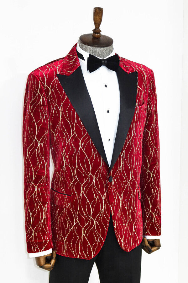 Patterned Burgundy Men Prom Blazer - Wessi