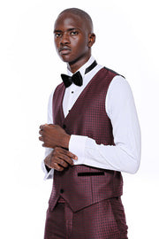 Patterned Burgundy Velvet Lapel Groom Suit - Wessi