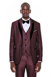 Patterned Burgundy Velvet Lapel Groom Suit - Wessi