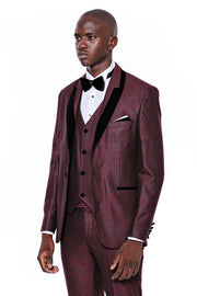 Patterned Burgundy Velvet Lapel Groom Suit - Wessi