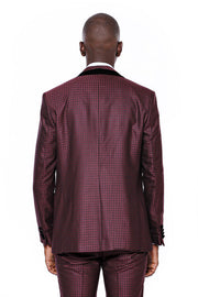 Patterned Burgundy Velvet Lapel Groom Suit - Wessi