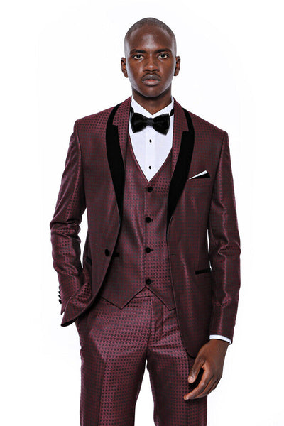 Patterned Burgundy Velvet Lapel Groom Suit - Wessi