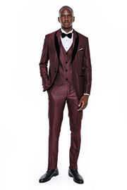 Patterned Burgundy Velvet Lapel Groom Suit - Wessi