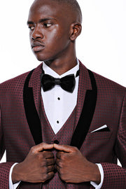 Patterned Burgundy Velvet Lapel Groom Suit - Wessi