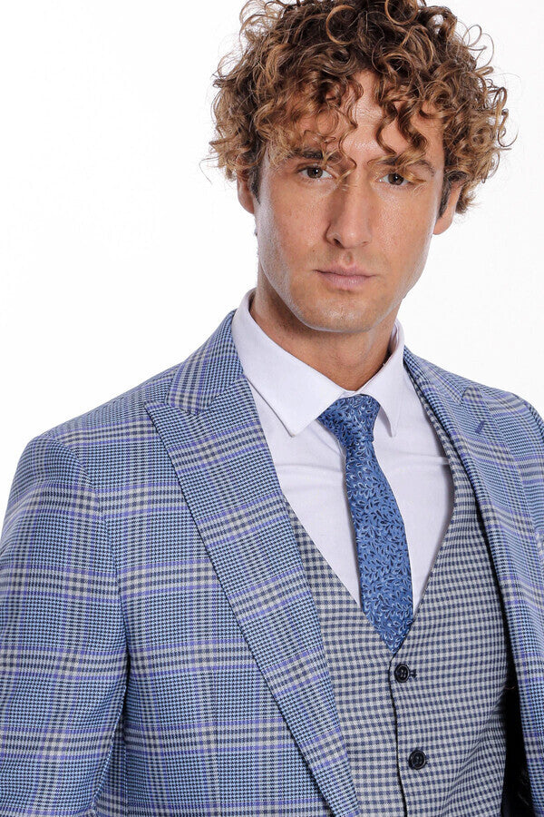 Patterned Checked Slim Fit Blue Men Suit - Wessi