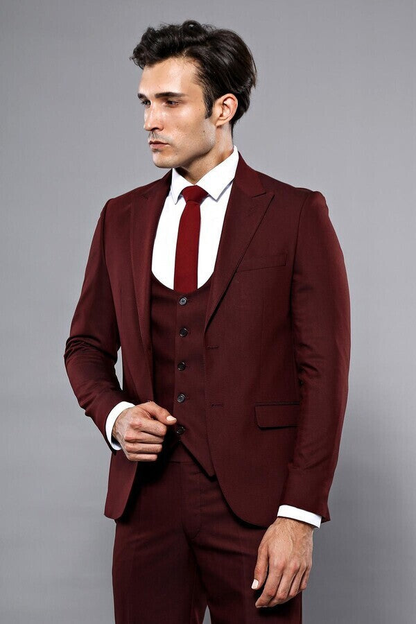 Patterned Claret Red 3 Piece Suit | Wessi