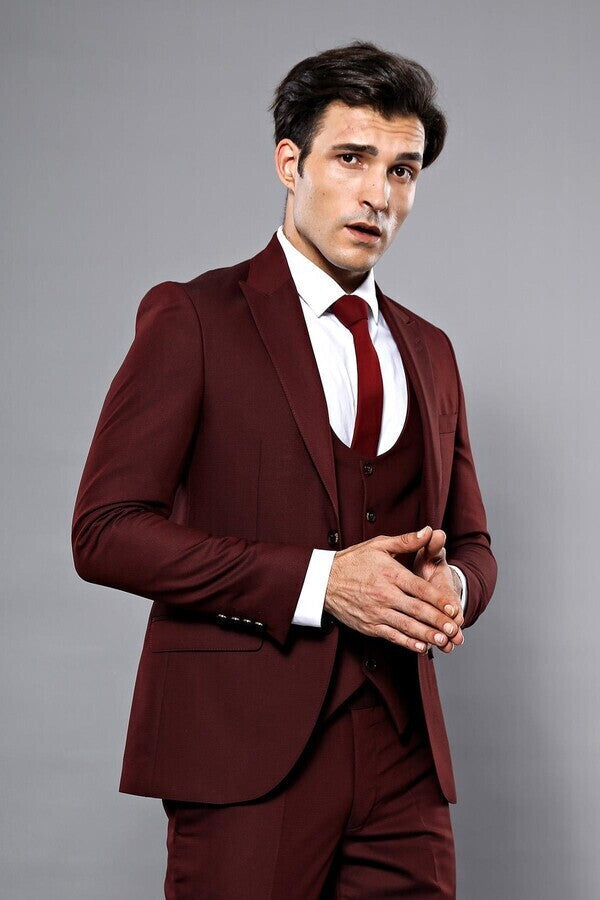 Patterned Claret Red 3 Piece Suit | Wessi