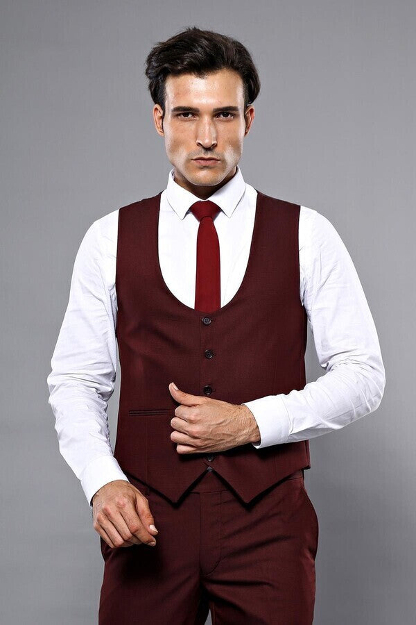 Patterned Claret Red 3 Piece Suit | Wessi