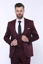 Patterned Claret Red Vested Suit- Wessi