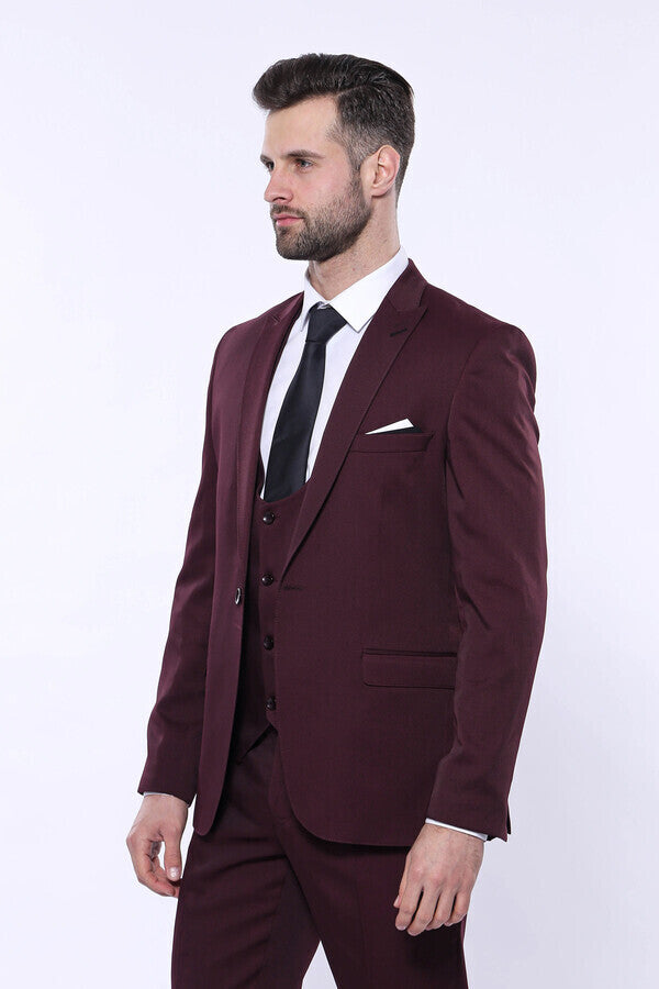 Patterned Claret Red Vested Suit- Wessi