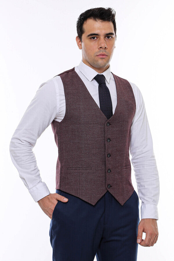 Patterned Dark Brown V Neck Vest - Wessi