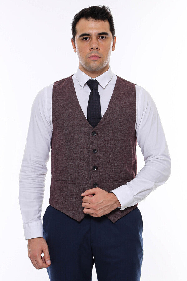 Patterned Dark Brown V Neck Vest - Wessi