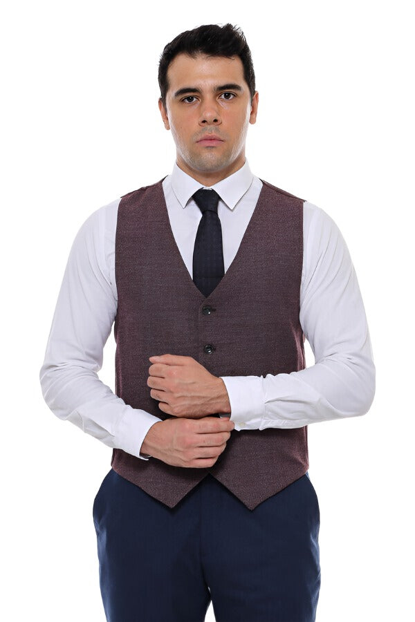 Patterned Dark Brown V Neck Vest - Wessi