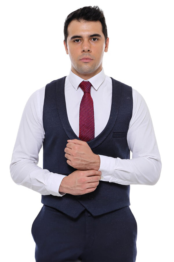 Patterned Double Breasted Dark Navy Men Vest Trousers Set - Wessi