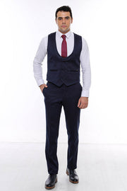 Patterned Double Breasted Dark Navy Men Vest Trousers Set - Wessi